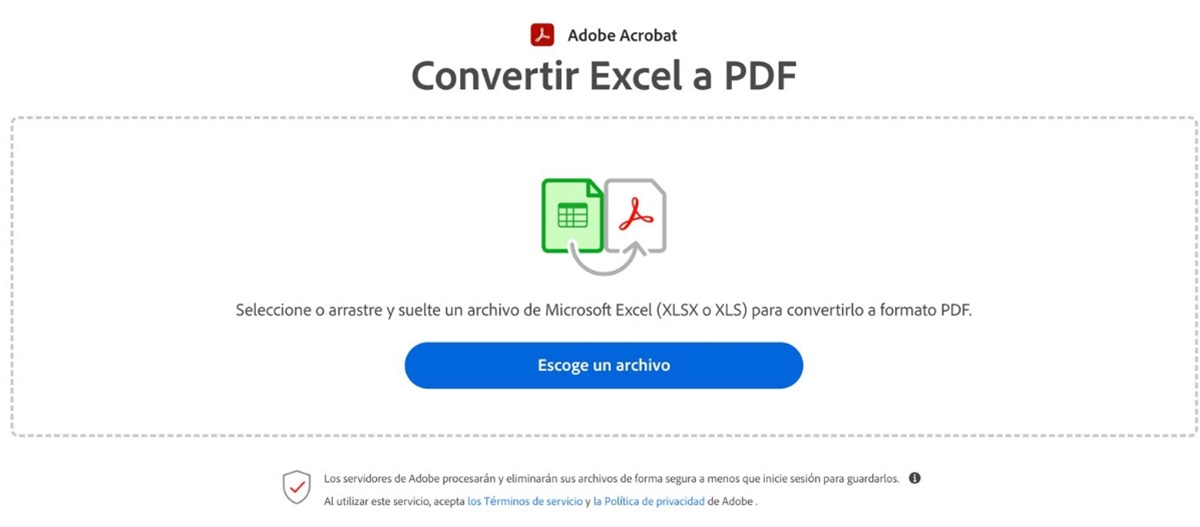 La captura de pantalla muestra la herramienta online de Acrobat para convertir Excel a PDF.