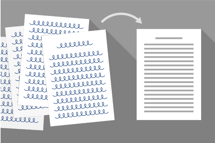 Ilustración: un documento escrito a mano es convertido a texto digital editabñe.