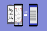 Illustration: Ein Smartphone scannt eine handschriftliche Notiz und wandelt sie mit OCR in eine digitale Textdatei um. 