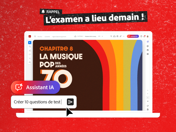 Ordinateur portable avec un PDF intitulé « Pop Music of the ‘70s » et un exemple de prompt d’IA permettant de créer 10 questions types pour un examen