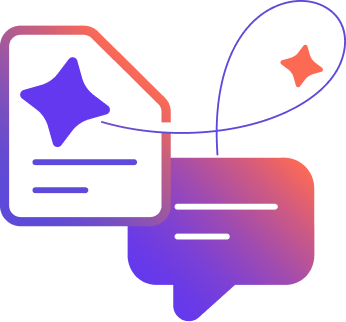 A graphic that shows a document icon featuring the star-shaped symbol Adobe uses to denote AI capabilities. A curved line trails out from the document icon, loops around another star-shaped AI symbol, and connects to a speech-bubble icon that denotes chat messaging functionality.