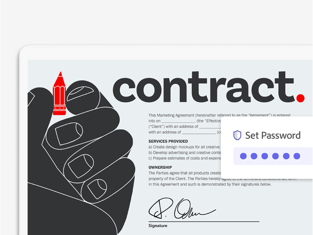 An image of a contract that shows a graphic of a large hand with fingers holding a tiny red pencil. The word "Contract" appears in large letters at top. The text in the contract details a marketing agreement that covers design services and ownership of work, and there's a signature at bottom on a signature line.