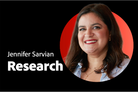 A video thumbnail image with a headshot of an Adobe employee. The text says “Jennifer Sarvian - Research.”
