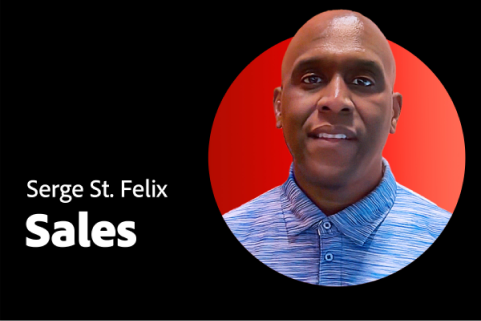 A video thumbnail image with a headshot of an Adobe employee. The text says “Serge St. Felix - Sales.”