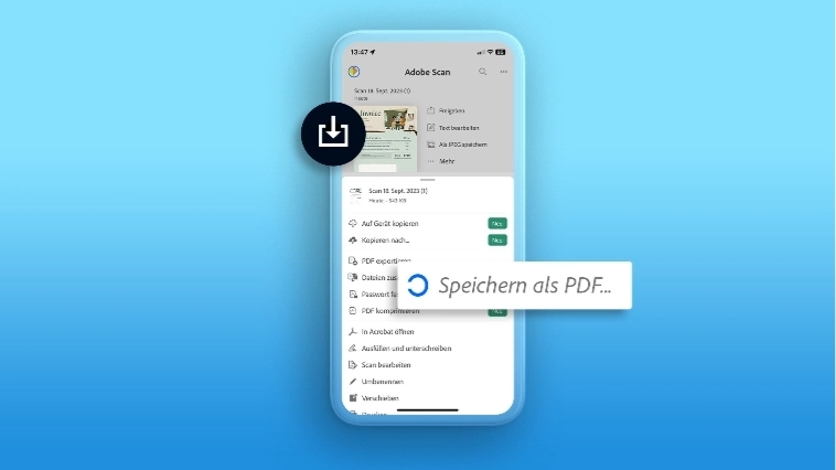 Bild zeigt, wie Dokumente über die Adobe Scan App Acrobat Web gespeichert werden können.