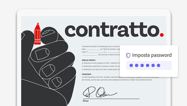 Immagine di un contratto con la grafica di una grande mano che tiene tra le dita una piccola matita rossa. La parola "Contratto" appare a grandi lettere in alto. Il testo del contratto descrive in dettaglio un accordo di marketing relativo a servizi di progettazione e proprietà del lavoro, mentre in basso c'è una firma su un’apposita linea.