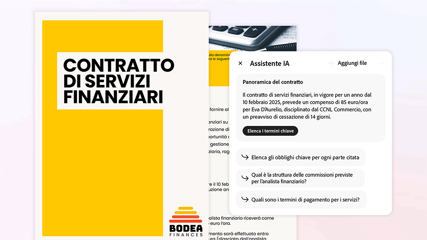 Un esempio di come l'Assistente IA di Acrobat genera un riepilogo di un contratto per servizi finanziari mostrando le date importanti, i termini dei compensi, le strutture di governance e le clausole di rescissione.