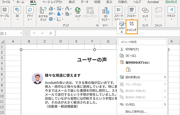貼り付けた画像を選択し右クリックで「トリミング」