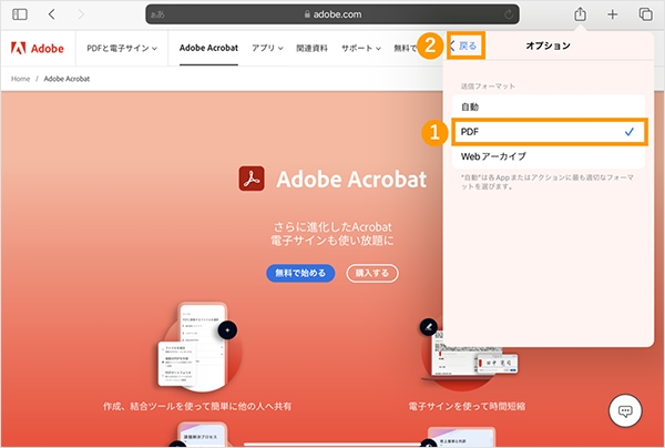 オプションからPDFを選択して戻る