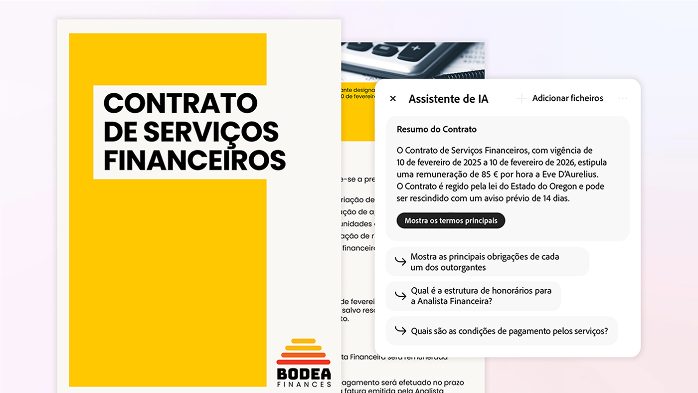 Exemplo de como o Assistente de IA do Acrobat gera um resumo de um contrato de serviços financeiros, destacando datas importantes, termos de remuneração, estruturas de governança e cláusulas de rescisão.