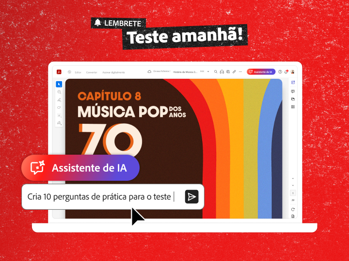 Notebook com um PDF chamado “Música pop nos anos 70” e um exemplo de comando de IA para criar dez perguntas dissertativas para uma prova.