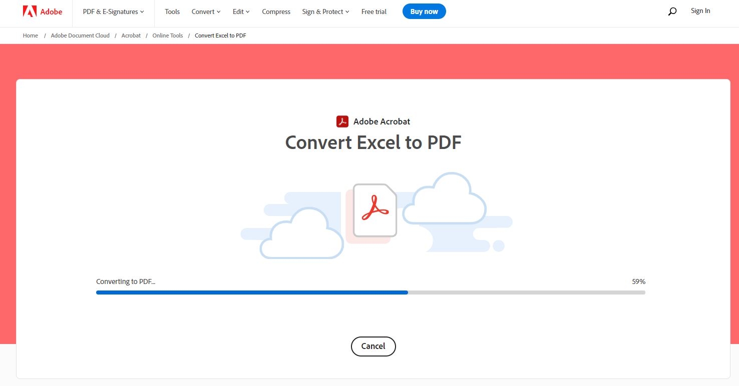 Image of Adobe Excel-to-PDF online converter in the process of converting a file.