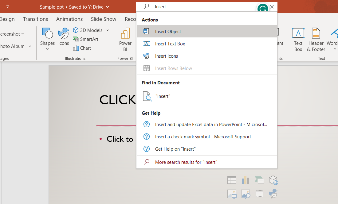 Image of PowerPoint with Insert menu drop-down open