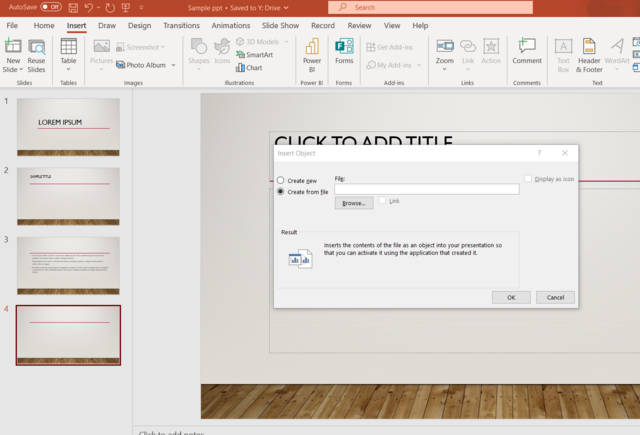 Image of a PowerPoint with Insert Object dialogue box open