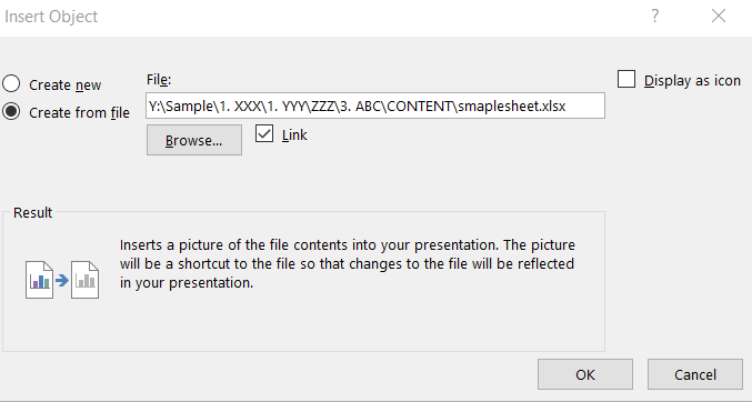 Image of the Insert Object box from PowerPoint with a file selected.