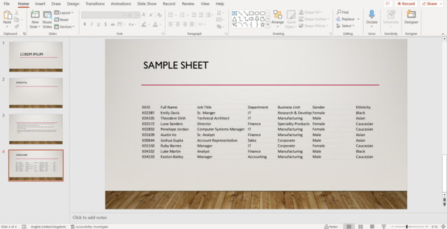Image of a PowerPoint slide with imported Excel data.