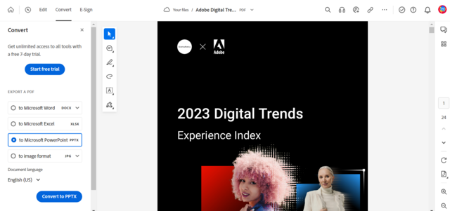 Image of Acrobat online with file open and Export to > Microsoft PowerPoint option selected.