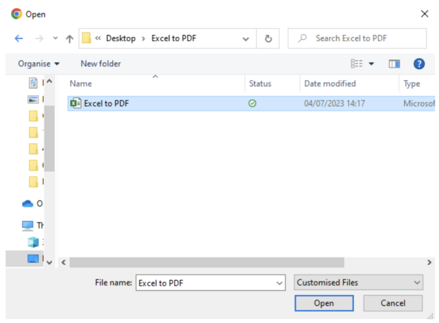 Excel file being selected and opened on desktop
