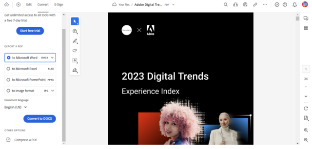 Image of Acrobat online with file open and Export to > Microsoft Word option selected