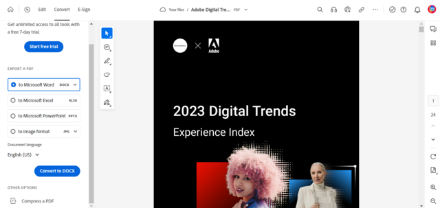 Image of Acrobat online with file open and Export to > Microsoft Word option selected.