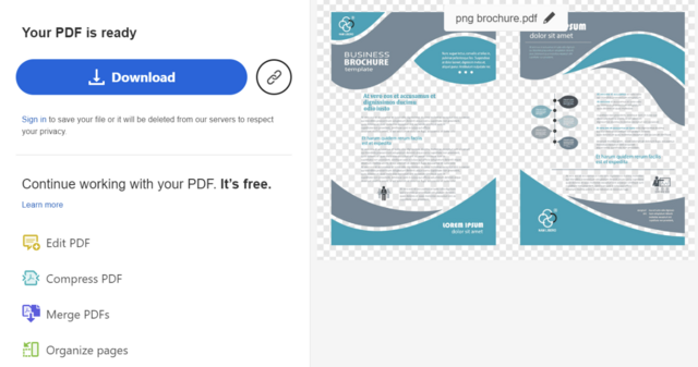 Image of Adobe online PNG-to-PDF converter with file ready to download