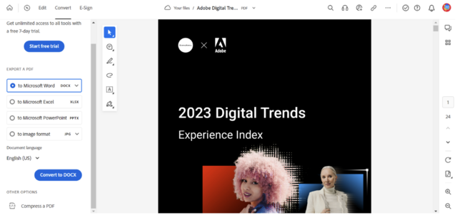 Image of file open in Adobe Acrobat online, with export to Microsoft Word option selected