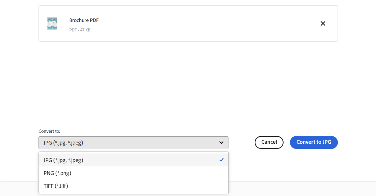 Image of image file type drop-down menu on Adobe PDF-to-JPG online converter