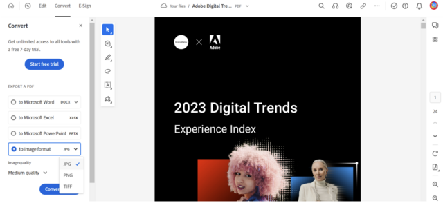 Image of Adobe Acrobat online with Export to Image > Image format > JPG option selected