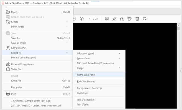 A picture of a file open in Adobe Acrobat with Export to HTML Web Page option selected