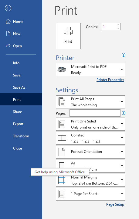 Screenshot of Microsoft Word Print to PDF menu