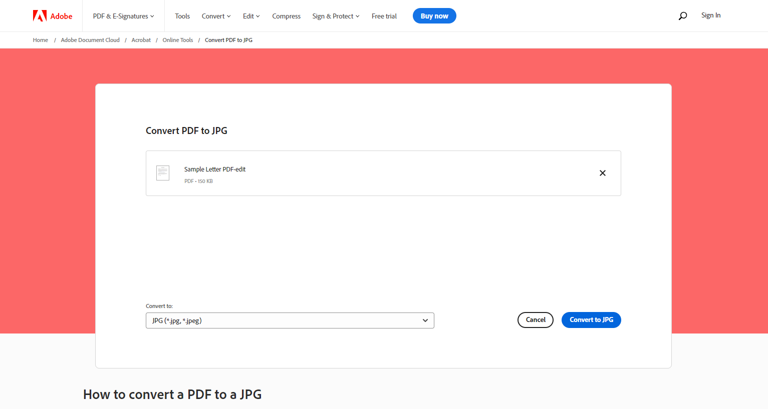 Screenshot of Adobe PDF-to-JPG tool with a PDF file uploaded and ready to convert
