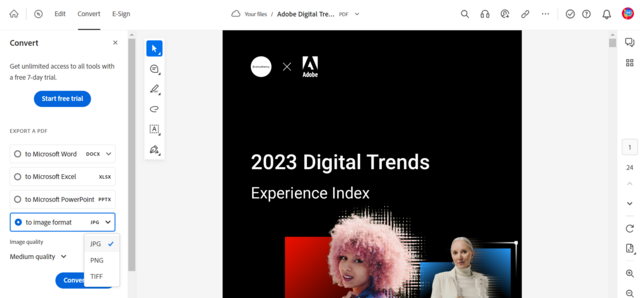 Image of Acrobat online with file open and Export to > Image format > JPG option selected