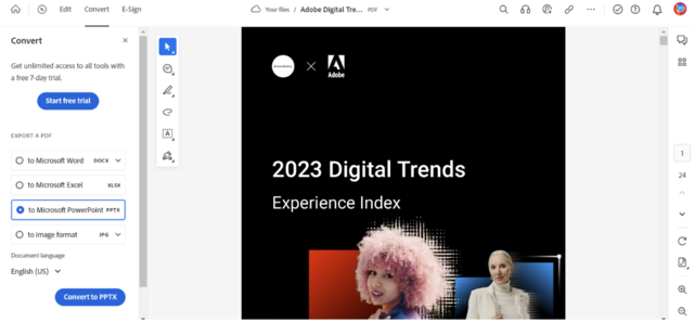 Image of a PDF on Adobe Acrobat online with a toolbar showing the option to export the file to Microsoft PowerPoint