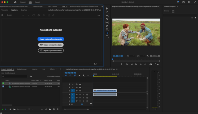 Image capture displaying the new caption track window in Adobe Premiere Pro