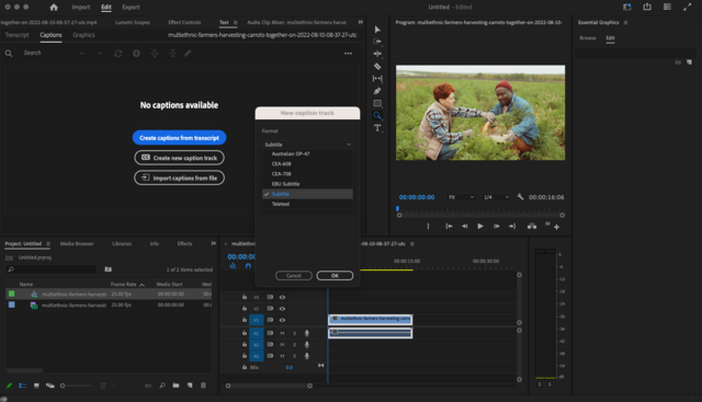 New caption track pop-out window in Adobe Premier Pro with the subtitle format option selected