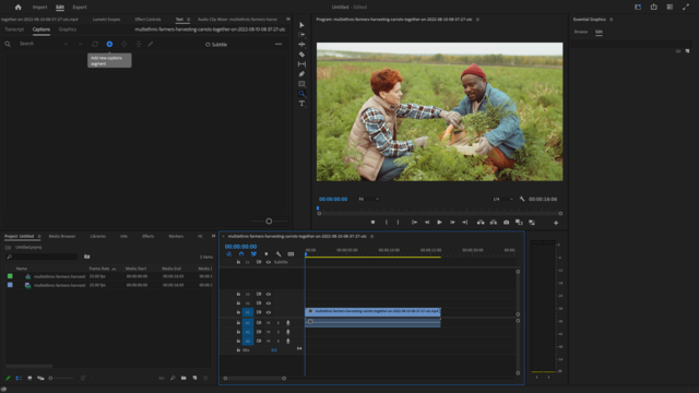 Screenshot demonstrating where the plus icon is located in Adobe Premier Pro to add new caption segments