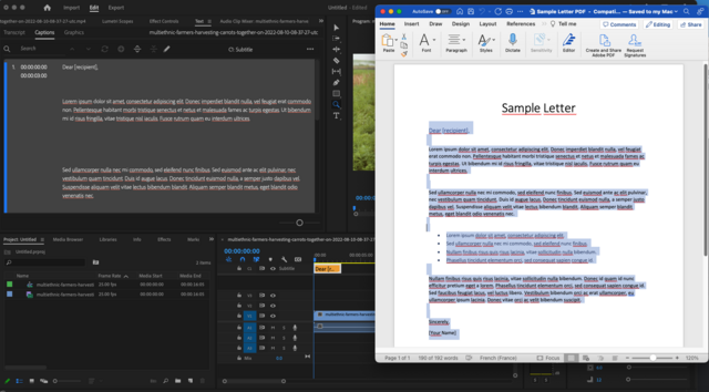 Screenshot of Microsoft Word document text being copied and pasted into Adobe Premiere Pro