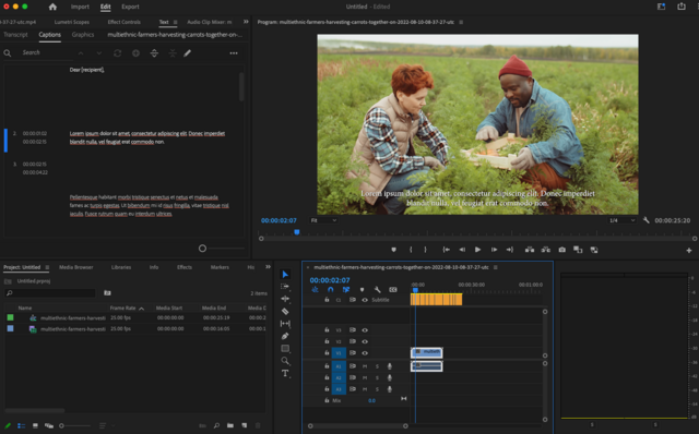 Screenshot example of the menu and path required to export subtitles from Adobe Premiere Pro to SRT format