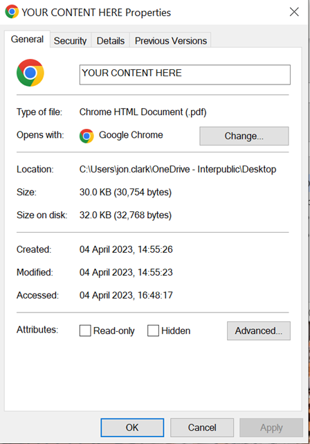 General properties box of Google Chrome application
