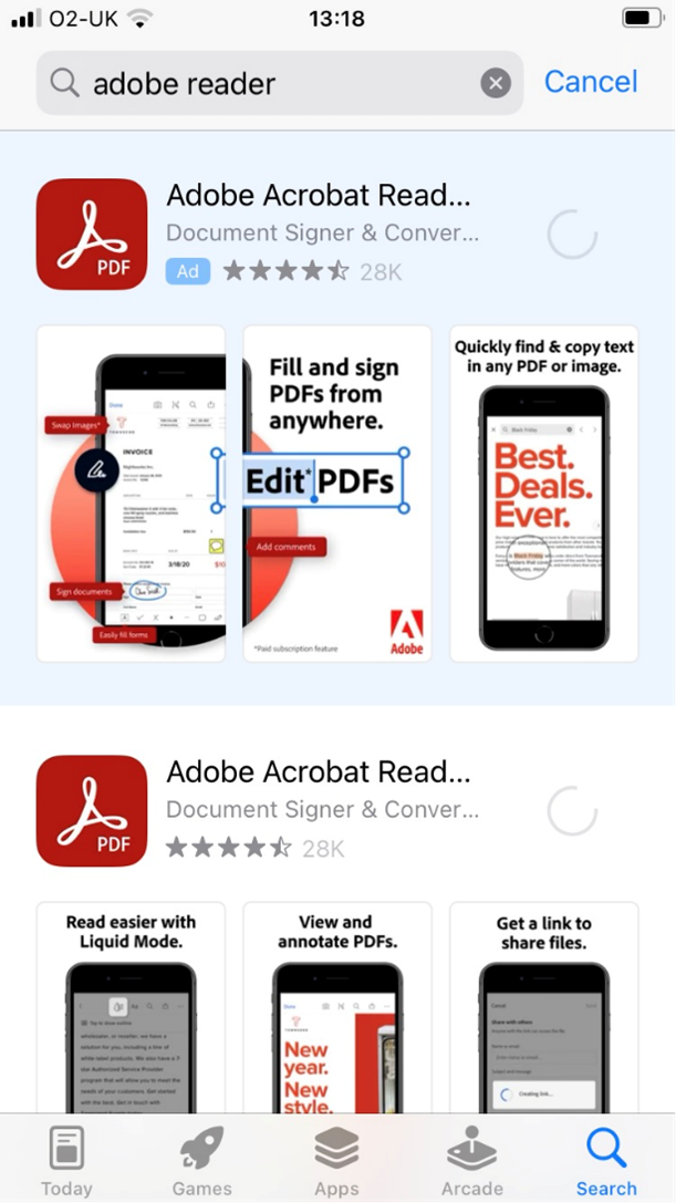 Adobe Acrobat Reader app in the Apple App Store