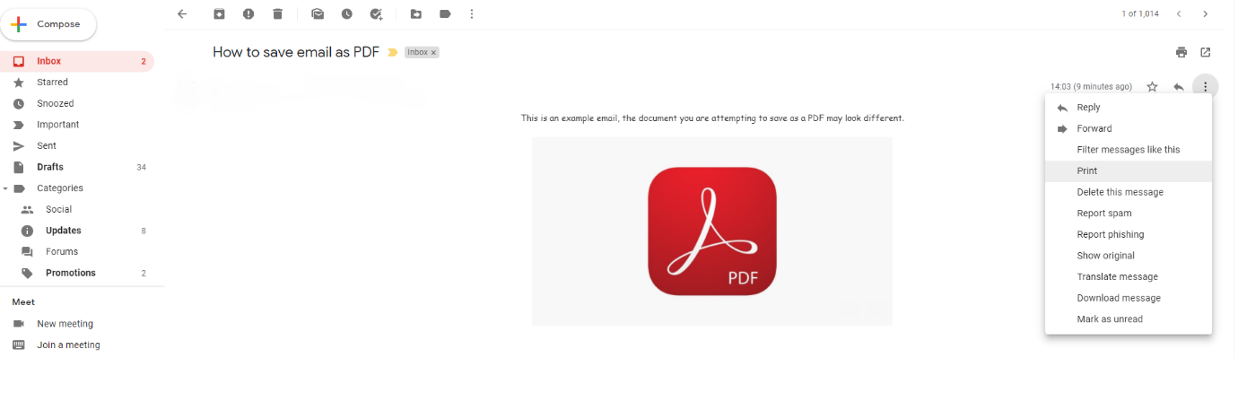 Drop-down menu on Gmail email with ‘Print’ option highlighted