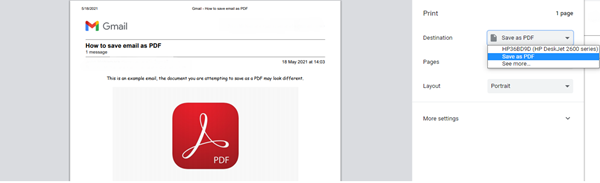 Print menu open for Gmail email with ‘Save as PDF’ option highlighted
