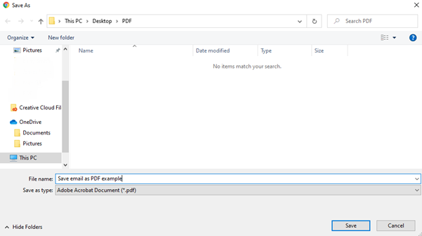 'Save as’ menu saving email as an Adobe Acrobat Document