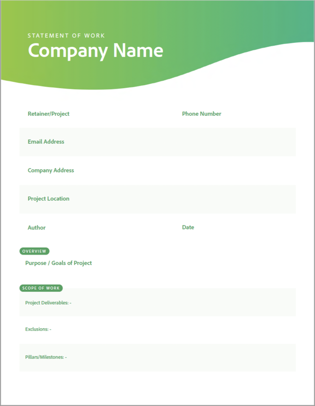 A screenshot of an Adobe Statement of Work template.