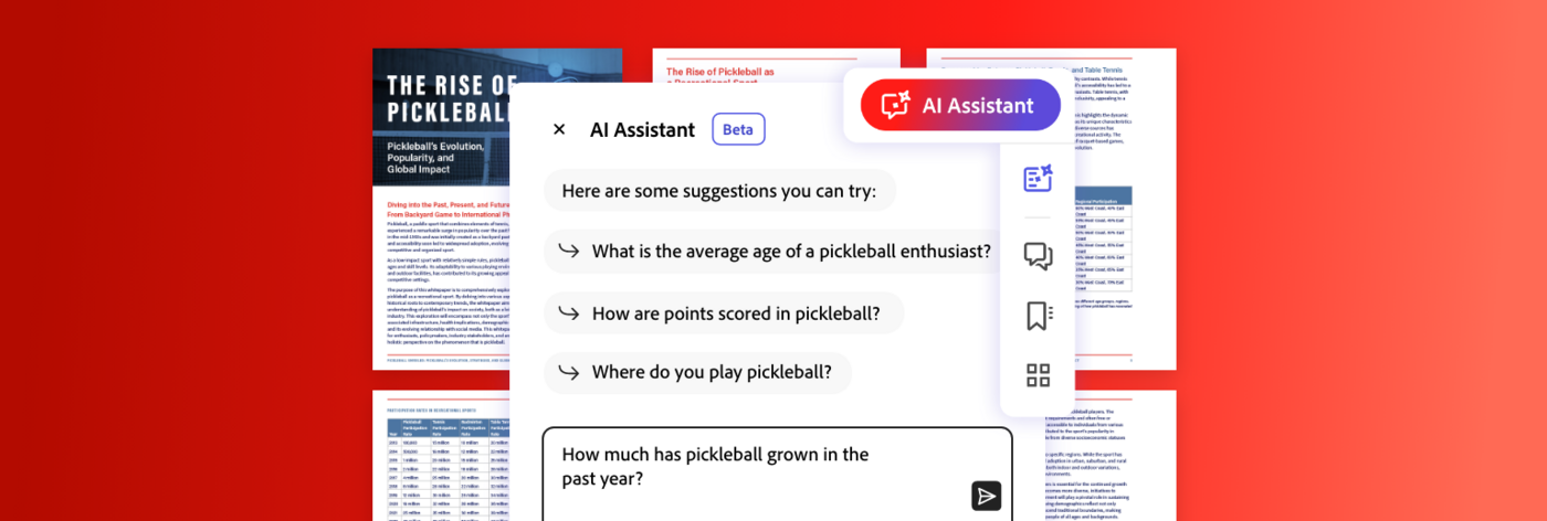A document titled "The Rise of Pickleball" that shows the Acrobat AI Assistant pop up with suggested questions to ask your document