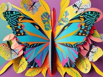 A bright multicolored illustrated butterfly on a colorful background