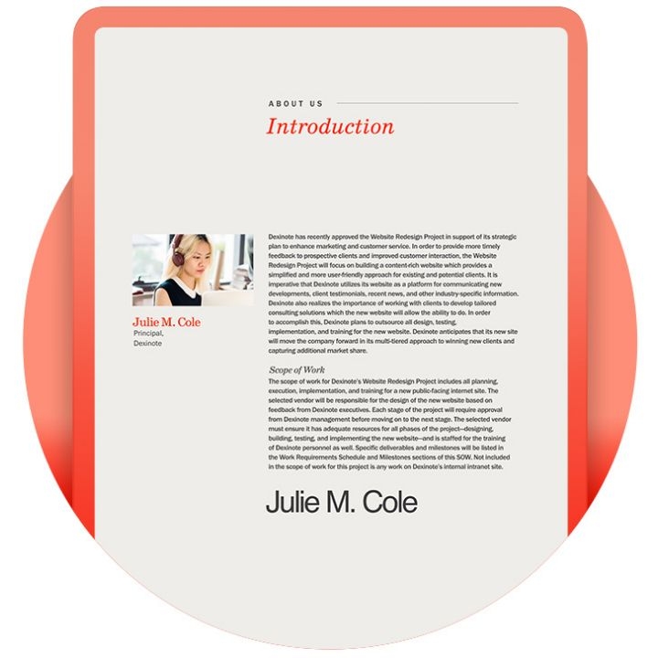 The introduction page of a business proposal being mocked up on a red tablet