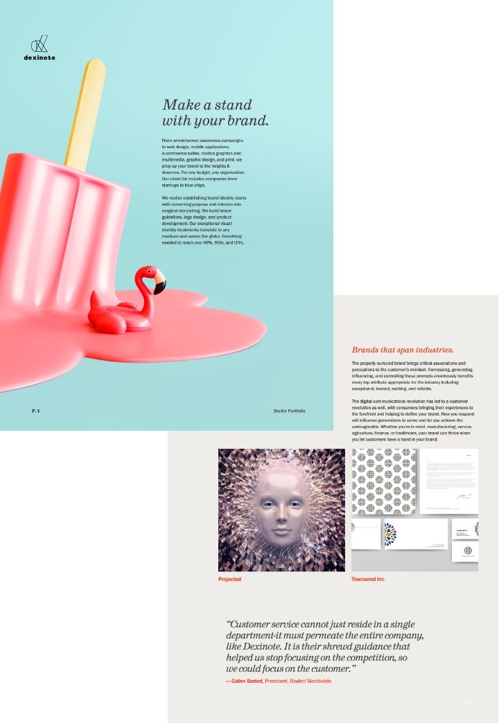 Pages of a business proposal highlighting a brand studio's portfolio, including a flamingo in pink ice cream