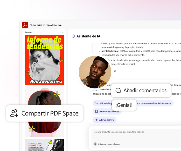 https://main--da-dc--adobecom.aem.page/dc-shared/assets/videos/acrobat/generative-ai-pdf/media_1e333cc710804d05ef085eb5562584a0c8e656d23.mp4#_autoplay1 | Una imagen gráfica del Asistente de IA de Acrobat que muestra un espacio de trabajo con el texto “Compartir PDF Space”.