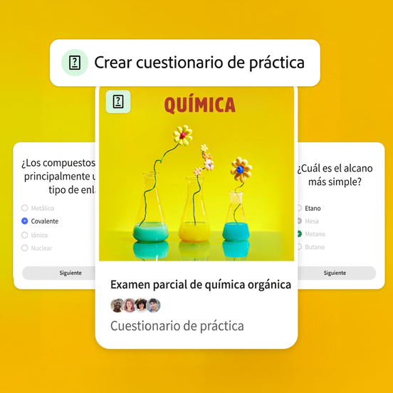 Indicación para crear un cuestionario de práctica para un examen parcial de química orgánica. En el centro, hay tres vasos de laboratorio de los que sobresalen flores. A ambos lados, aparecen preguntas de un cuestionario de química.